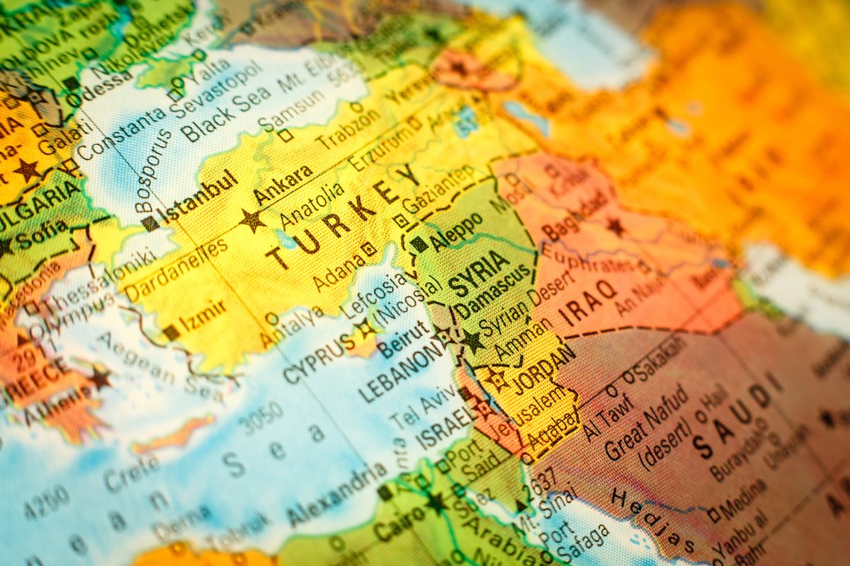 Close-up of a printed map of the Eastern Mediterranean and Middle East
