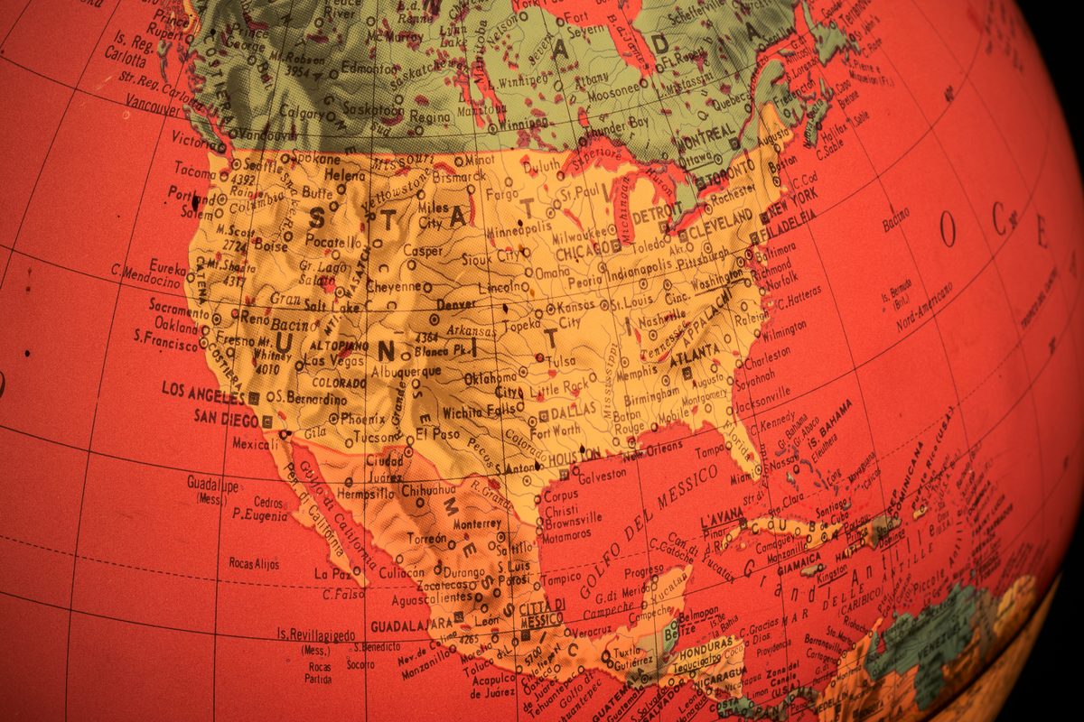 Close-up of a globe showing North America